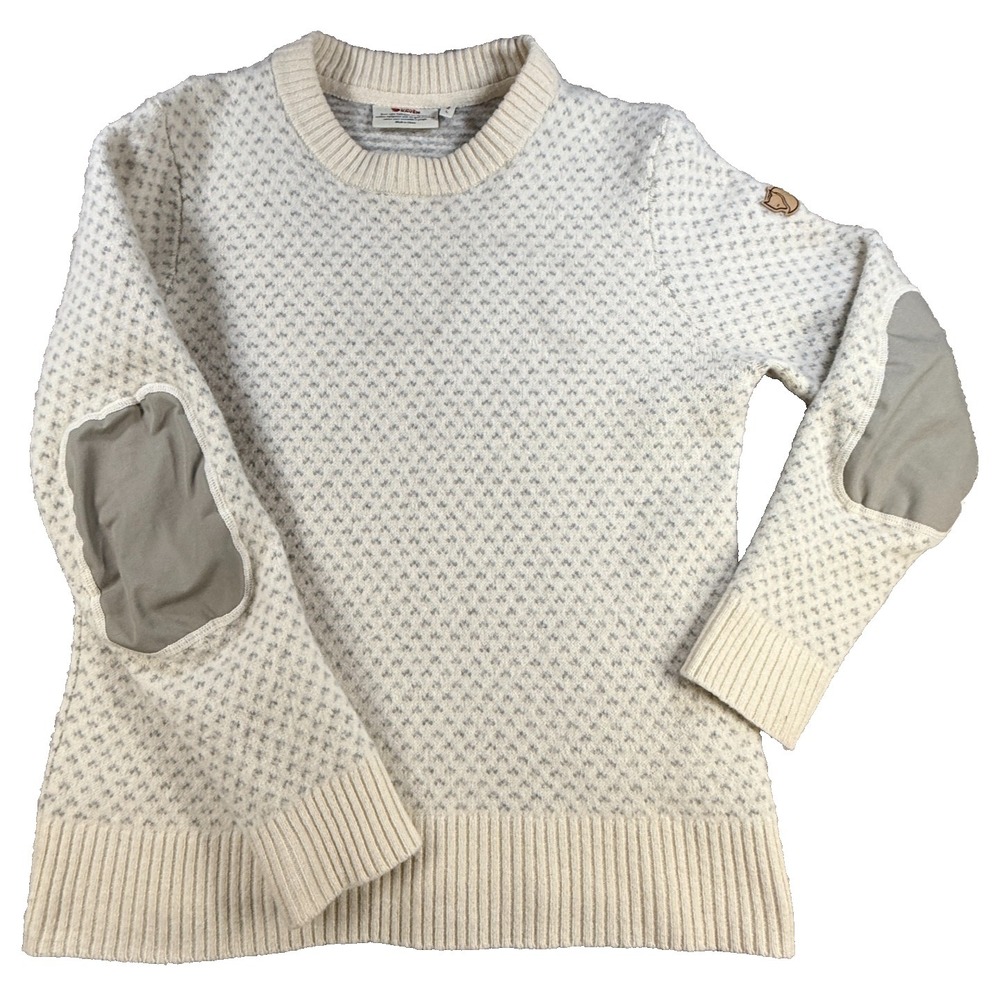 Fjallraven Women's Large Wool Blend Knit Sweater Cream Gray Elbow Patch Outdoor